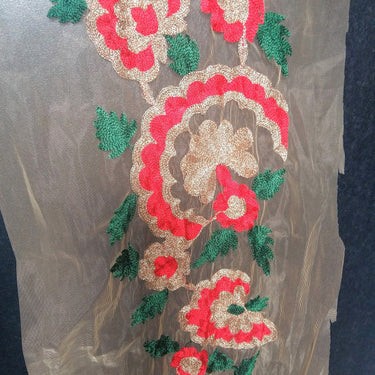 Beige Soft Net Lace Trim With Red, Green And Gold Floral Embroidery, Indian Trims